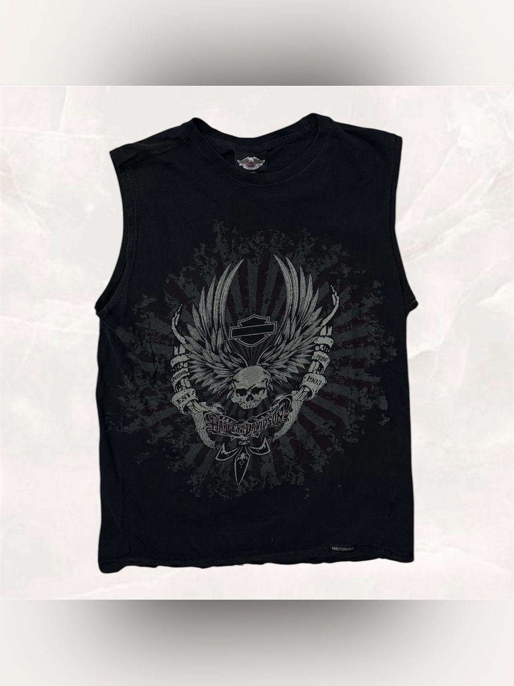 Vintage Harley Davidson T Shirt Cutoff Tank Mens M Black Wings Logo 90s USA Made